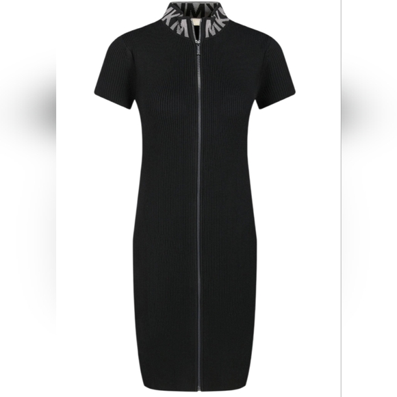 Nwot Michael Kors Black Ribbed Knit MK Logo Neckline Shortsleeve Zipfront Dress - Picture 12 of 17